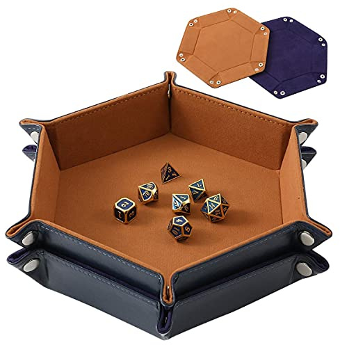 Grajar 2 Pcs Portable Folding Dice Rolling Tray Set for RPG DND Table Games - PU Leather and Velvet Holder Storage Box - Navy Blue and Camel