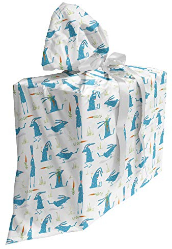 ABAKUHAUS Ostern Baby Shower Geschänksverpackung aus Stoff, Cartoon Lauf Kaninchen, 3x Bändern Wiederbenutzbar, 70 x 80 cm, Weiß Blau