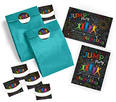 JuNa-Experten 12 Einladungskarten Kindergeburtstag Jump Trampolin Mädchen Junge incl. 12 Umschläge, 12 Tüten/blau, 12 Aufkleber