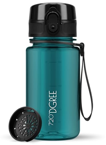 720°DGREE Kinder Trinkflasche 350ml “uberBottle“ crystalClear +Sieb - BPA-Frei, Auslaufsicher - Für Schule, Kindergarten, Mädchen & Jungs ab 3 Jahre - Kleine Wasserflasche - Leicht, Stoßfest