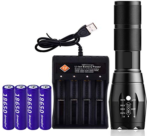 VISVIC Bright Flashlight, 4 Slot Universal Battery Charger, with 4 Rechargeable 18650 Top Button 3.7v Lithium Batteries, Smart Charger 18650, 26650, 18500, 16650 Rechargeable Batteries