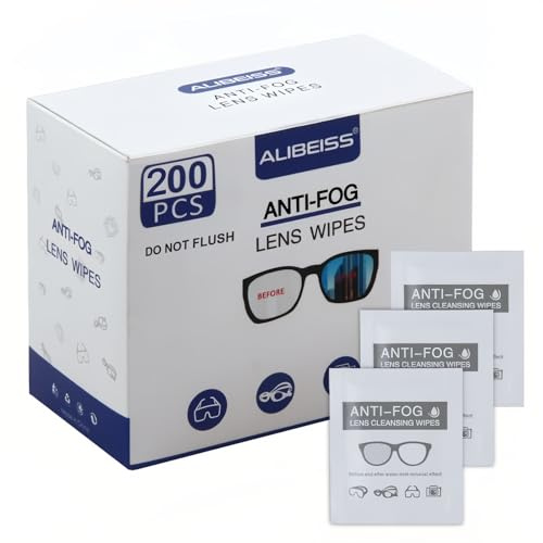 Alibeiss Lingettes anti-buée pré-humidifiées anti-buée, 15,2 x 12,7 cm, pour lunettes de vue (lot de 200)