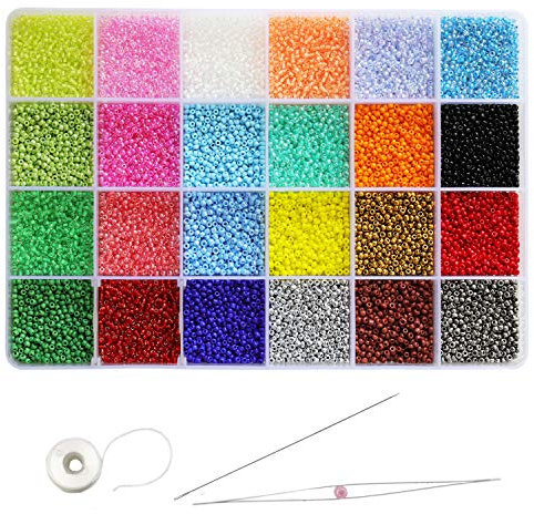 Tibaoffy Taille 12/0 Crafts Perles de rocaille en verre 2 mm Tiny Pony Beads Kit avec boîte de rangement pour la fabrication de bijoux (24 couleurs, environ 24 000 pièces au total)
