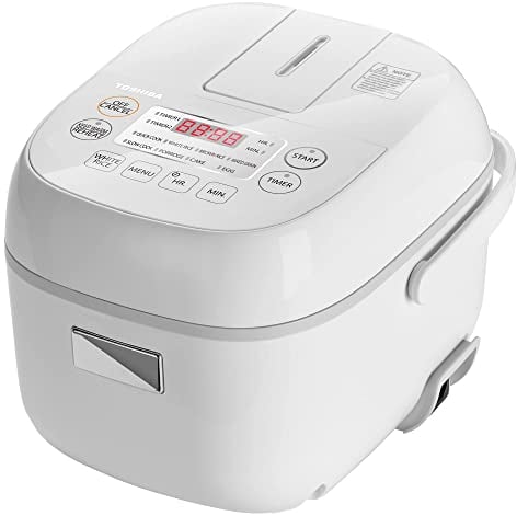 Toshiba Mini Rice Cooker, 3 Cups Uncooked Small Rice Cooker, Steamer & Warmer, With Fuzzy Logic And One-Touch Cooking, 24 Hour Delay Timer And Auto Keep Warm Feature, White
