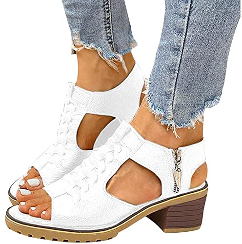 Damen Sandalen Keilabsatz Römer Sandalen Espadrilles Plateau Sandaletten High Heels Elegant Sommer Schuhe Fischmaul Casual für Outdoor Indoor,Weiß,41