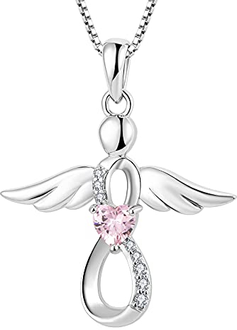 FJ Guardian Angel Necklace 925 Sterling Silver Infinity Pendant Pink Tourmaline Necklace October Birthstone Jewellery Gifts for Women Girls