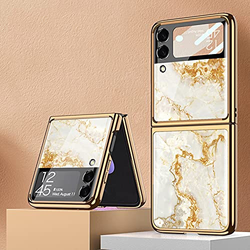 COQUE Galaxy Z Flip 3 5G Case,Ultra Slim 9H Glass Shiny Painted Mobile Phone Shell,Folding Phone Cover for Samsung Galaxy Z Flip 3 5G-Marbling-Golden Yellow