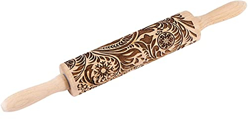 ASDNN para Hornear Galletas con Relieve, Rodillo de amasar Grabado con patrón de Flores de Copo de Nieve navideño, Herramienta de Cocina Bonita, Rodillo de Madera con Relieve