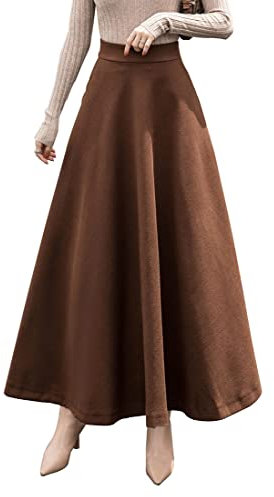 Damen Lange Rock Elegant Wollrock Winterrock Warm Plaid Casual Party Maxirock Hohe Taille A-Linie röcke Retro Elastische Taille Faltenrock Braun 1026 -XXL