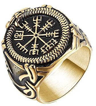 Joliernelle Herren Vegvisir Kompass Ring Gold Edelstahl Ouroboros Schlange Nordisches Wikinger Amulett Schmuck Größe 57
