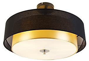 Qazqa - Moderne Deckenleuchte I Deckenlampe I Lampe I Leuchte schwarz mit Gold I Messing 50 cm 3-flammig - Drum mit Schirm Duo I Wohnzimmer I Schlafzimmer - Textil Zylinder - LED geeignet E27