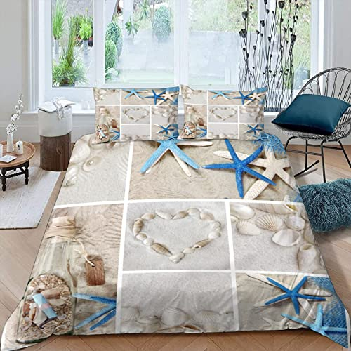 RFFLUX 3D Meer Sand Seesterne Bettwäsche Set 135x200 cm 2teilig mit Reißverschluss Weiche und Angenehme Schlafkomfort Microfaser Bettbezug Kinderbettwäsche mit Kissenbezug 80x80 cm