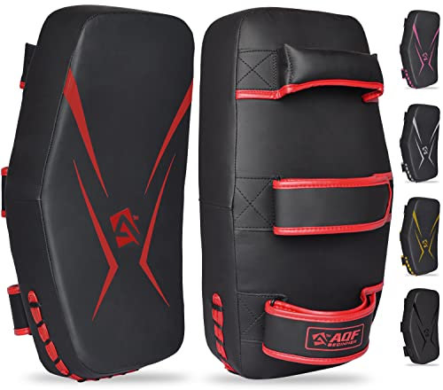 AQF Thai Pads für Kickboxen Muay Thai Pad mit festem Griff, Maya Leder Gebogene Strike Schild für Boxen MMA Kampfsport Taekwondo, Training Sport (Paar, Rot)