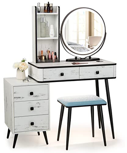 COSTWAY Dressing Table and Stool Set 3-Color LED Lights Mirror, Drawers, Shelves & Charging Station, Makeup Vanity Set, Bedroom Cosmetics Dresser Gift (White, Round Mirror), 80 x 40 x 130cm