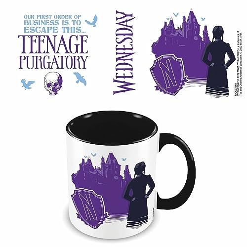 Wednesday Tasse Teenage Purgatory weiß/schwarz/lila, bedruckt, 100% Keramik, Fassungsvermögen ca. 325 ml.
