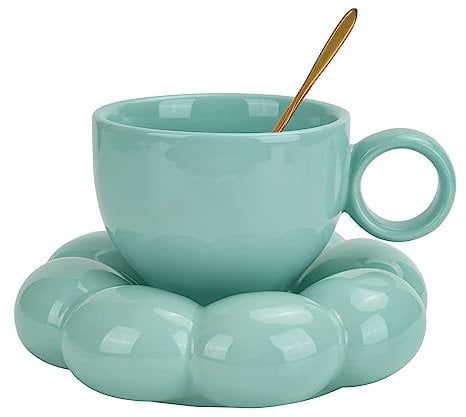 Jiotouhu Ensemble de Tasse à Café en Céramique - Créative et Mignonne Avec Cuillère, Sous-Verre Nuage de Tournesol, Pour Thé de l'Après-Midi (Bleu)