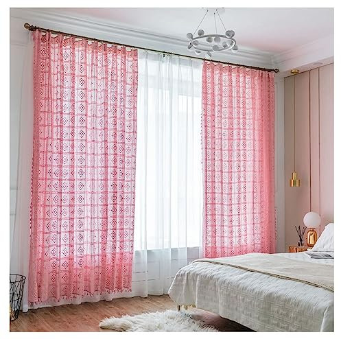 Homxi Rideau 2 Pièces Voilage Rideau 2 x 300W x 260H CM,Rideaux Voilage de Cuisine Rose Losange de Couleur Unie Rideau a Crochet