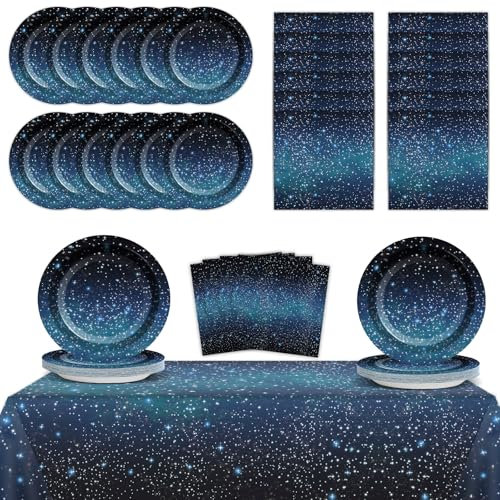 24 Guests Space Galaxy Party Plates Napkins Tablecloth Supplies Set Starry Night Disposable Tableware Dinnerware Decorations Favors for Birthday Party Baby Shower