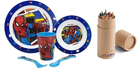 Spiderman Cartoon Character Dinner Tableware Set 5pcs Plate, Bowl, Cup & Cutlery, BPA Free re-usable Plastic Microwave Safe Includes Half Size 12pcs Pencil Set (Spiderman)