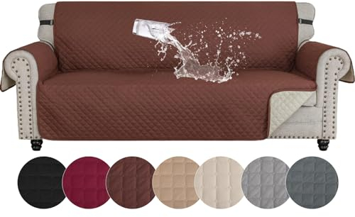 YSTELLAA 100% Wasserdicht Sofa Überzug 3 Sitzer, Couch Bezug Rutschfes, Waschbar Couchüberzug, Sofabezug Mit Armlehnen, Universal Sofa Covers Für Katze Hund, Mit Gummiband, Kaffee