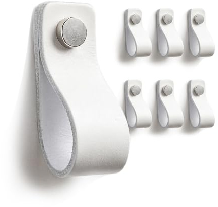 LA CHUECA POLO Lot de 6 poignées en cuir blanc pour tiroir vintage minimaliste (Medium, Rustic White)