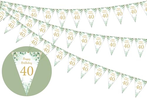 3 Pack 40th Happy Birthday Bunting Banner, Sage Green Triangle Flag Banner for Women Men, 40 Birthday Pennant Flag, Forty Bday Party Hanging Decorations Green for Outdoor Indoor Home Garden