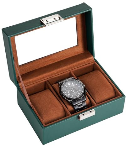 ProCase Uhrenbox mit 3 Fächern, Uhrenkasten mit Glasdeckel, Uhrenkoffer mit Uhrenkissen, Uhrenaufbewahrung, Premium-Uhrenschatulle, PU-Leder Uhrenkasten, Watch Box für Herren - 3 Fächer, Grün
