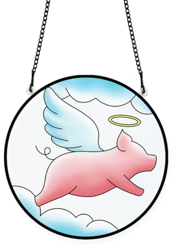 PLIGREAT Fliegendes Schwein Gebeiztes Fenster Wandkunst Hängendes Ornament Bunt Bemaltes Acrylglas Kunsttafel Handwerk Sonnenfänger für Gartenhaus Innen- und Außenhängedekorationen Einweihungsgeschenk