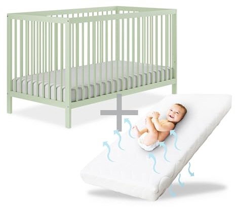Ehrenkind® Babybett PUR inkl. Matratze 140x70 aus Natur Buchenholz | Mint | Kinderbett 9-Fach höhenverstellbar mit entnehmbaren Stangen | Baby Bett