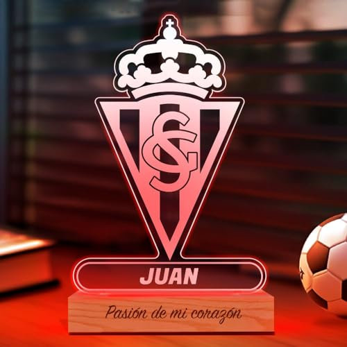 Transparent Gift Lámpara Personalizada Equipos Fútbol. Regalos Originales Cumpleaños Infantiles. Regalos para Hombres, Día del Padre. Diseño Escudo Sporting de Gijón de Metacrilato y Madera. Luz LED