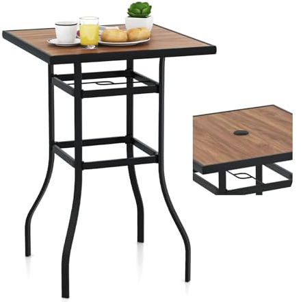 KOMFOTTEU Gartentisch mit Schirmloch, Bistrotisch quadratisch 70 x 70 x 102 cm, Bartisch aus Metall, Stehtisch Balkontisch für Bistro, Garten, Hof