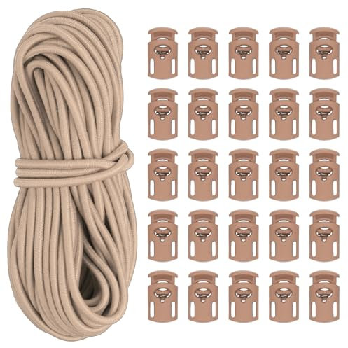 PATIKIL 10 Yard Elastic Bungee Cord & Single Hole Cord Lock, 25 Pack Plastic Oval Spring Toggle Stopper for Paracord Drawstring Shoelace Clothing Backpack Bags, Khaki