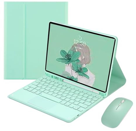 Étui Clavier Bluetooth avec Pavé Tactile pour iPad 9,7 Pouces 6ème Gén 2018/5ème Gén 2017/iPad Pro 9.7/iPad Air 2/1, Coque Clavier QWERTY sans Fil Détachable avec Souris et Porte-Stylo, Vert-B