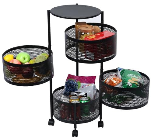 ilkqeppe Küchen-Aufbewahrungswagen, runder Drehkorb mit 3/4/5 Etagen, Küchenwagen, großes Lagerregal mit 360-Grad-Rädern, Obst- und Gemüseregal aus Metalldraht mit oberem Deckel für das Wohnzim