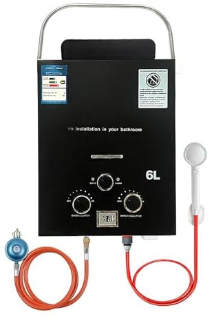 Tragbarer Gas-Durchlauferhitzer, Propan, 6 l, Camping-Gas, 12 kW, Propan oder Butan, Durchlauferhitzer für Campingdusche, 6 l/min, für sofortige Dusche im Freien, Heizung, Winter und Sommer (Noir)