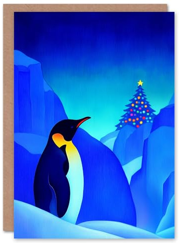 Wee Blue Coo Greeting Card Antarctica Winter Decorated Tree Emperor Penguin Blank For Him Or Her Art Xmas Christmas Card