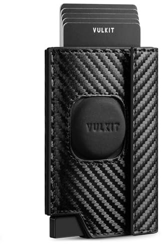 VULKIT Portefeuille Minimaliste Homme avec Étui AirTag Sécurisé 360°, Éjecteur de Cartes Pop-Up Blocage RFID, Fenêtre d'Identité, Porte Monnaie, Fermeture Magnétique - Boîte Cadeau (Noir Carbone)