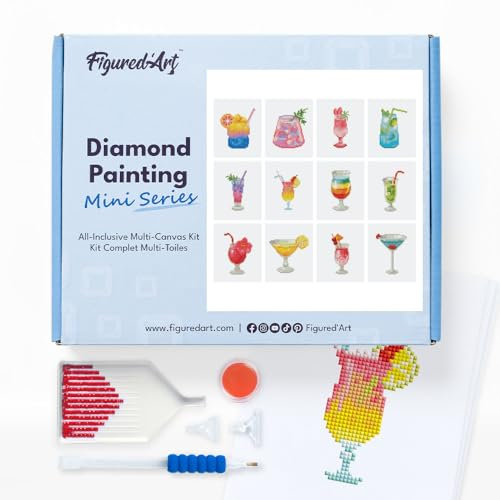 Figured'Art Mini Serie Diamond Painting Erwachsene - Cocktails - Premium-Box mit 12 Stück 15x18 cm 5D Bilder, Eckige Steine - DIY Set zum Basteln