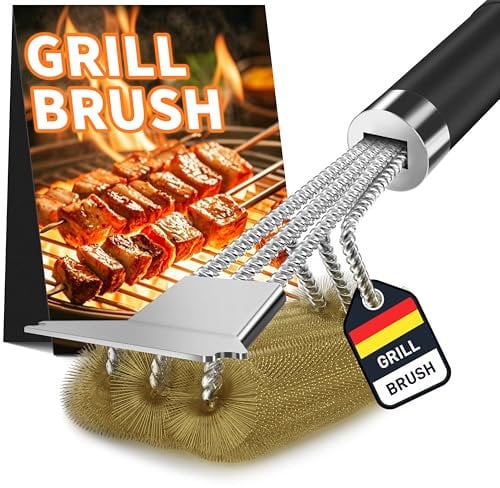 Spazzola per barbecue in ottone, TNTOR Grill Spazzola in ottone con setole lunghe, spatola in acciaio inox e manico di isolamento termico extra lungo, per barbecue a gas, barbecue a carbonella,