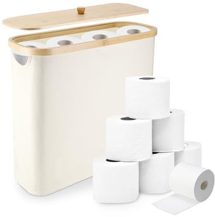 Zikenis Rangement Papier Toilette, 25L Panier Papier Toilette avec Bambou Couvercle pour 12 Rouleaux, Tissu Oxford, Imperméable à l'eau, Pliable Range Papier Toilette pour Salle de Bain et Maison