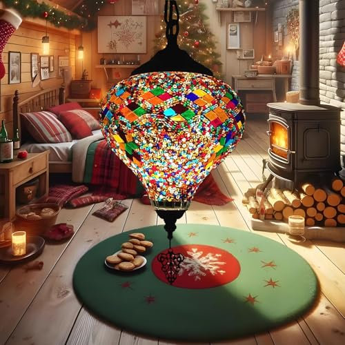 BOTOWI Türkisch Marokkanische Mosaik Hängende Pendelleuchte Deckenleuchte – 7 handgefertigte rote orange Gold weiß gelbe Glaskugel, Vintage Tiffany Stil, mediterranes exotisches Dekor,Multicolour