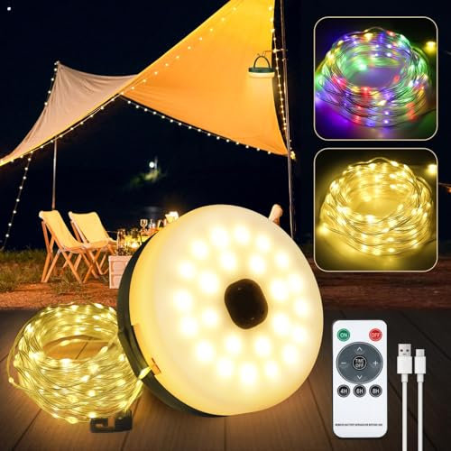 NEUTYPECHIC 10m Guirlande Lumineuse de Camping, 2 en 1 Guirlande Lumineuse Rechargeable avec 9 Modes D'éclairage, étanche IP44, Guirlande LED Extérieure pour Camping, Cour, Camping Car Accessoires