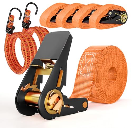 4 Pièces Sangle a Cliquet 4 m, Sangles D'arrimage 1000 kg, 2 Pièces Sangle Moto avec Crochet, aux Voitures, Chariots, Motos, Bagages, Camping, Charges Fixes