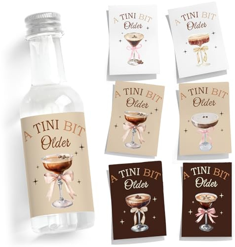 Clabby 48 Pcs a Tini Bit Older Birthday Espresso Martini Bottle Stickers | a Tini Bit Older Party Decorations Mini Liquor Bottle Label Espresso Martini Bachelorette Birthday Party Decorations