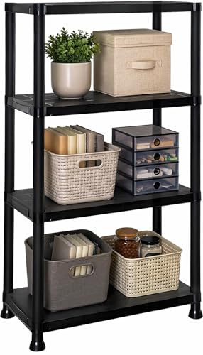 DIVCHI 4 Tier Plastic Storage Shelving Unit | Heavy Duty Shelf Rack for Home, Garage, Office & Utility Room | Shelf Rack (Black)