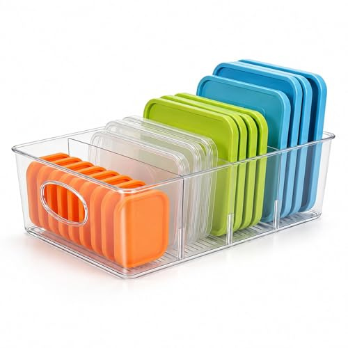 Raoletin Plastic Lid & Plate Organiser with 3 Adjustable Dividers, Clear Pan Lid Holder for Drawer and Countertop, Pan Organiser for Lids, Sheets, Cutting Board and Kitchen Accessories
