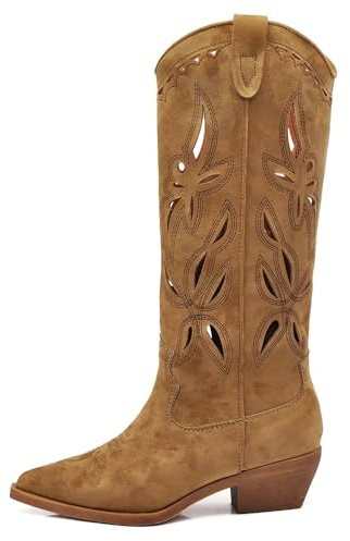 IF Stivali Alti Texani Donna Western in Pelle Sintetica Vegana, Design Traforato, Tacco Medio e Punta Affusolata