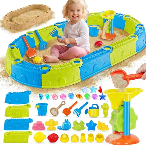 JONRRYIN Sandspielzeug Kinder, 44 Stück Sandkasten Spielzeug Set mit 12 Sandspielzeug Burg, Schaufel, Rechen, 14 Sandförmchen, 12 Edelstein, Sandkasten Kinder für Strand und Sandkasten
