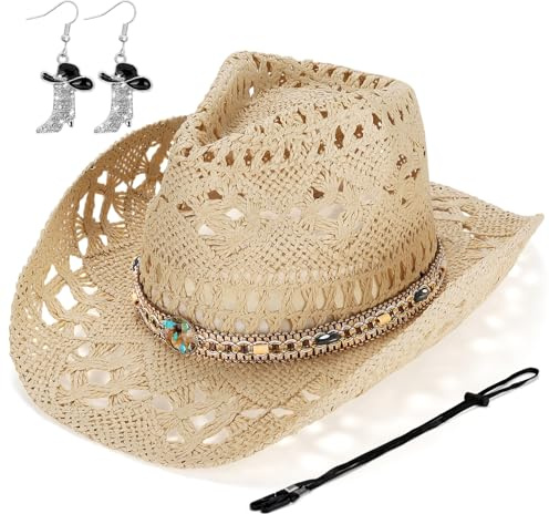 Geebuzz Straw Cowboy Hat for Women, Western Cowgirl Hats with Boot Earrings, Brim Summer Beach Hat