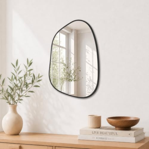 PERFNIQUE Asymmetrical Irregular Wall Mirror, 40 x 30 cm Black Mirrors for Bathroom Bedroom Living Room Entryway, Small Mirror, Decorative Modern Wall Decor